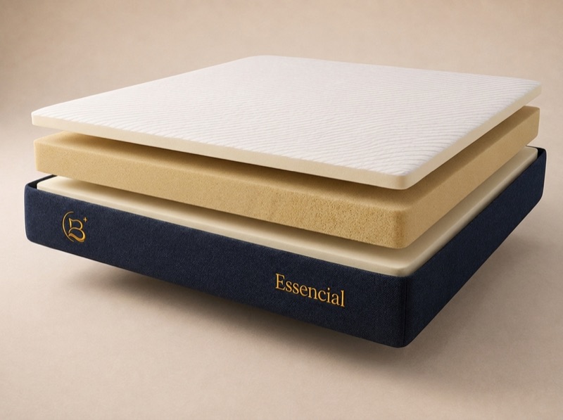As três camadas do colchão Essencial separadas verticalmente: capa canelada branca com espuma soft, núcleo denso dourado ao centro e camada soft inferior com a base azul-marinho
