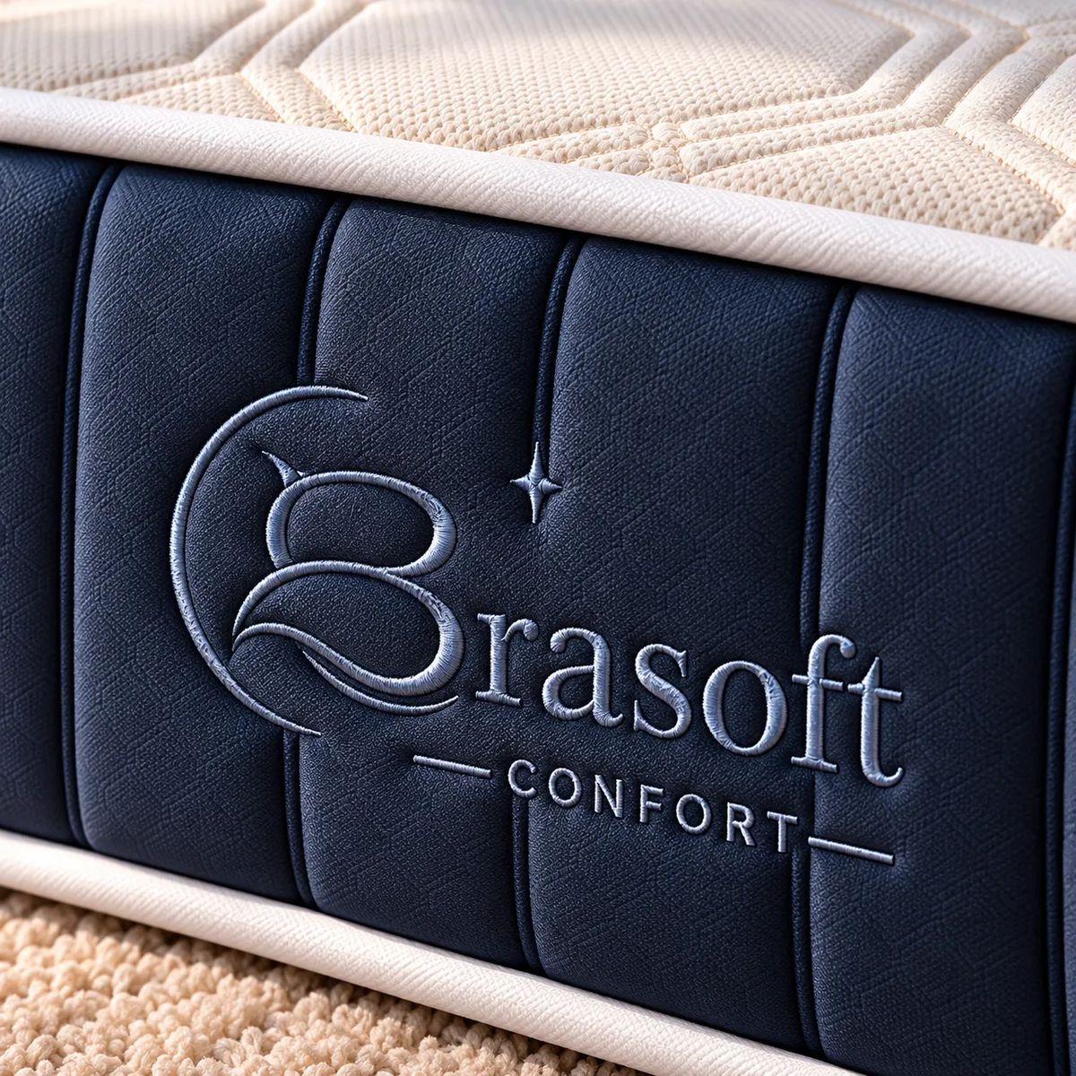 O bordado do logotipo Brasoft Confort sobre o tecido azul-marinho, de muito perto