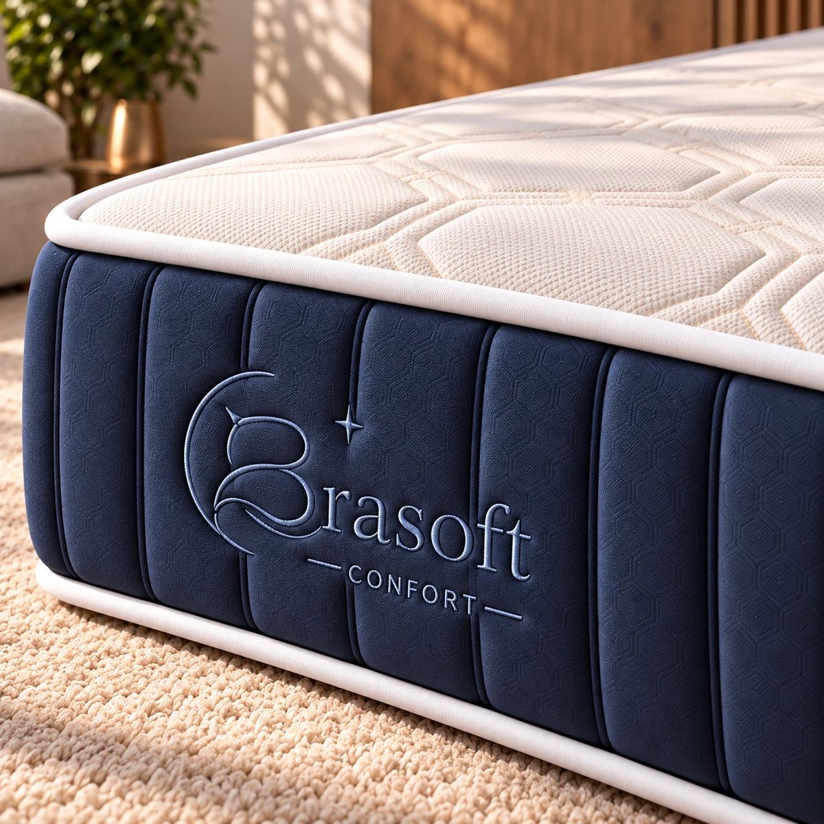 A lateral azul-marinho em gomos com o logotipo Brasoft Confort bordado