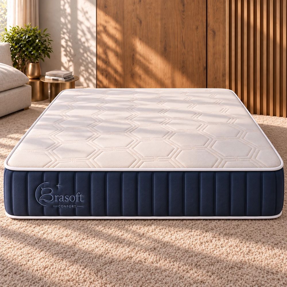 Colchão Le Rêve: tampo creme matelassê em hexágonos e lateral azul-marinho com o logotipo Brasoft Confort bordado