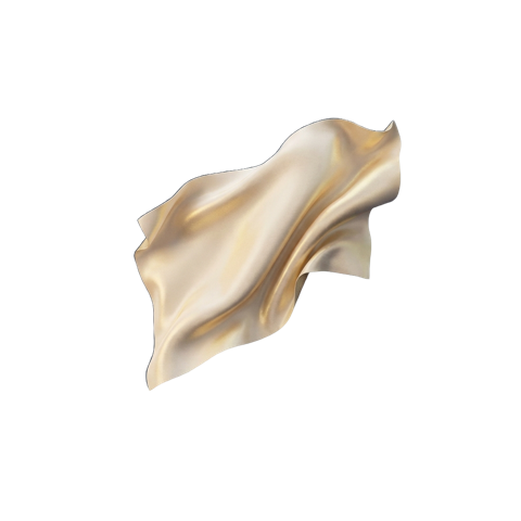 Ilustração 3D de um tecido de seda creme flutuando, com brilho dourado