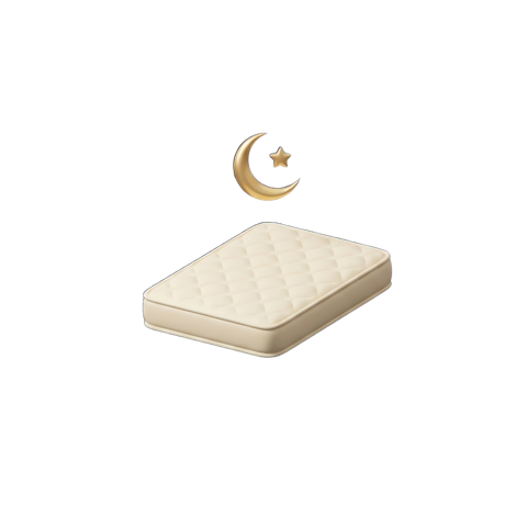 Ilustração 3D de um colchão sob uma lua crescente dourada com uma estrela