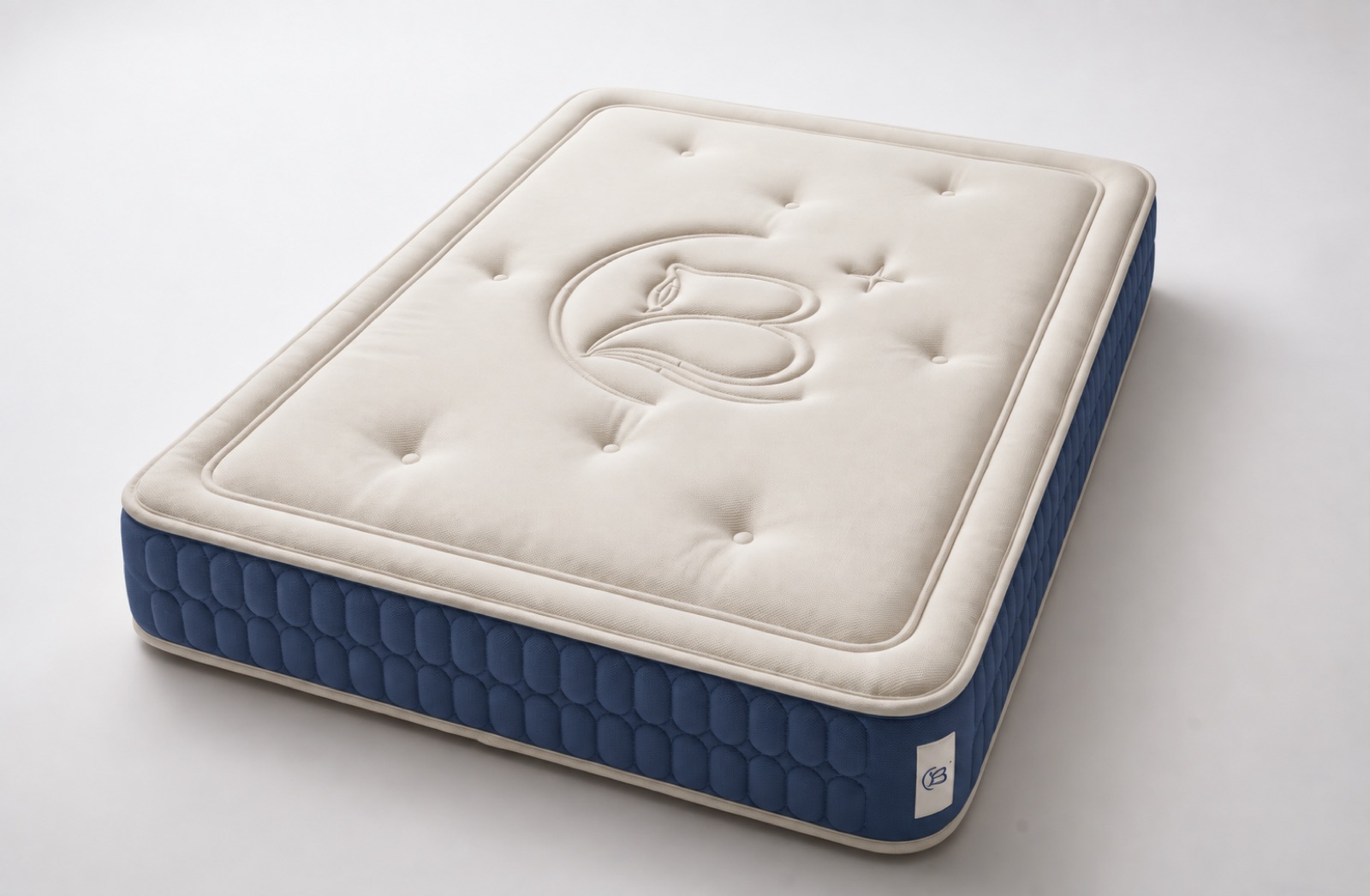 Colchão Venere: tampo creme com o monograma bordado e lateral azul acolchoada